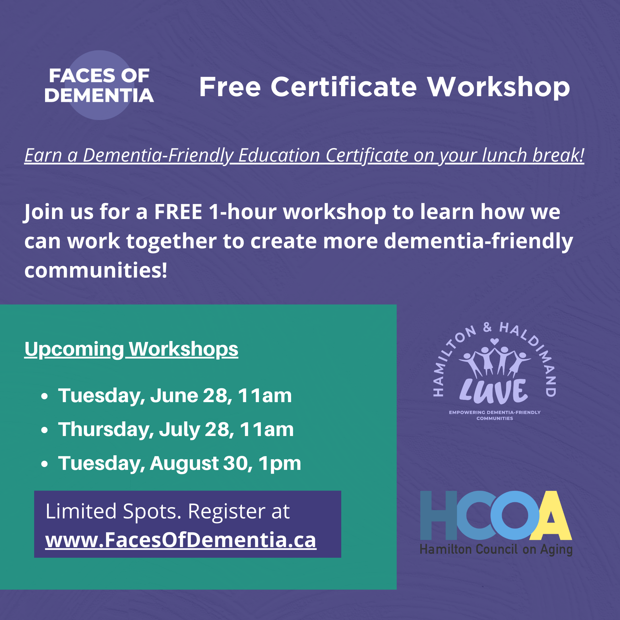 Register for a Free Dementia Friendly Certificate Workshop!
